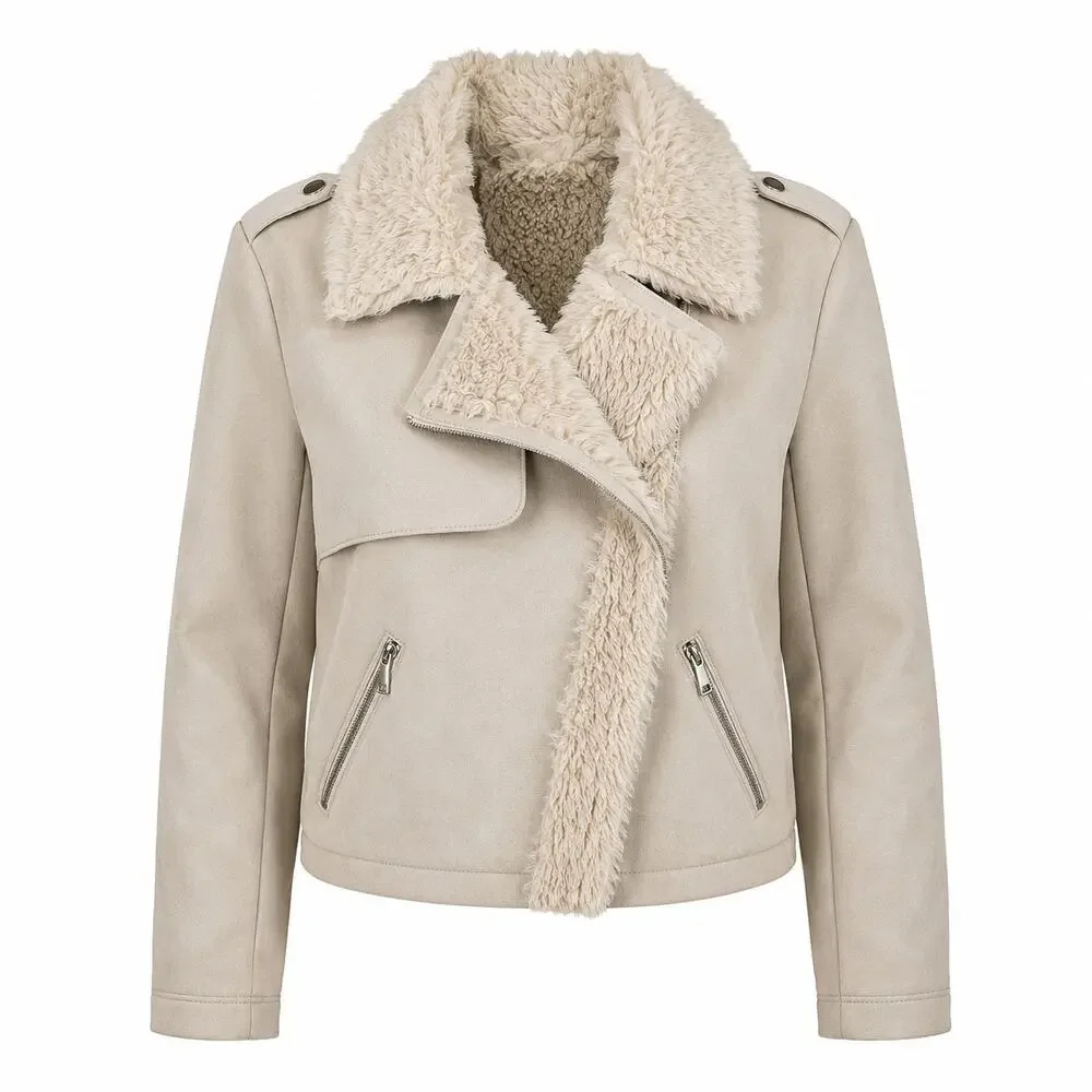 Y2K Women’s XL Faux Shearling Moto Jacket Cream Beige Cozy Winter Biker Coat